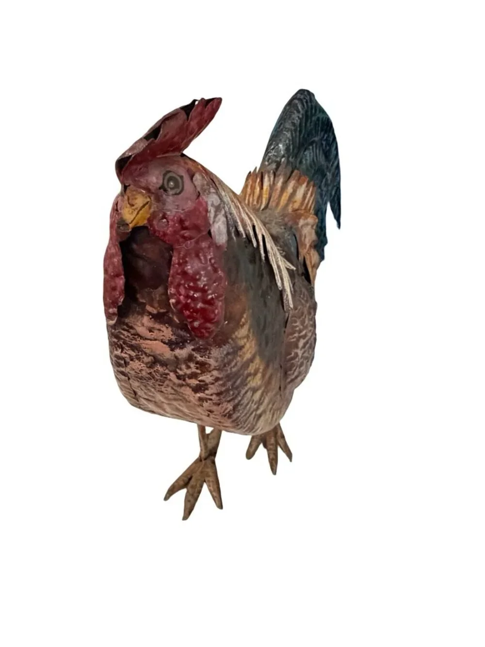 Vintage Metal Rooster Chicken Figurine Rustic Farmhouse Folk Art Hand Painted Co
